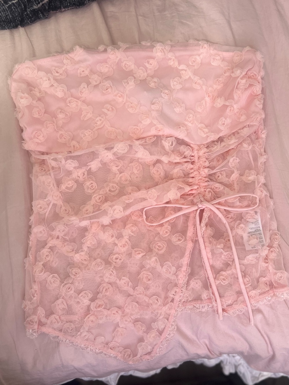 Kimchi Blue Pink Rosette Sheer Lace Strapless Tube Top